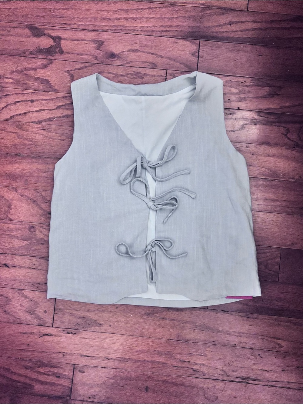 Tie-Front Sleeveless Tank Vest in Subtle Light Blue PRICE FIRM!
